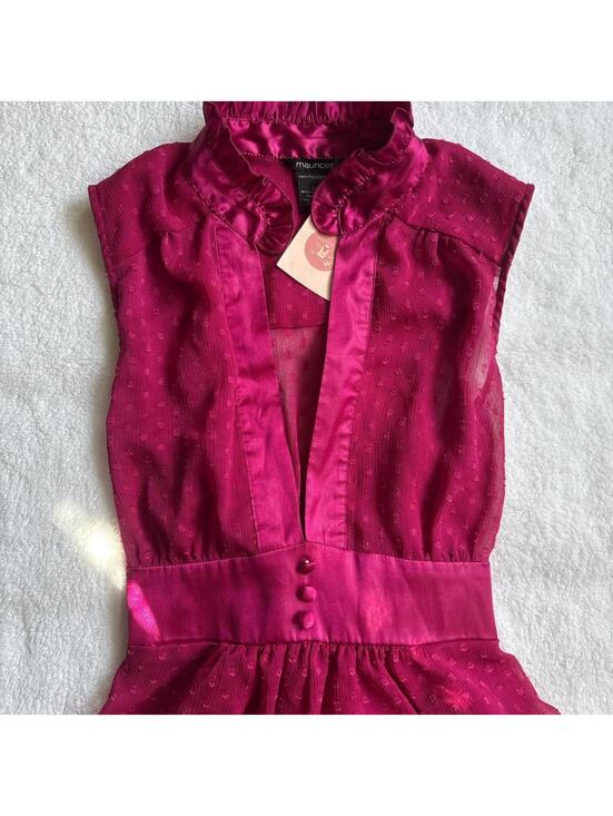 Maurices Tops - Y2K polka dot Pink Ruffle Neck Satintie back Blouse